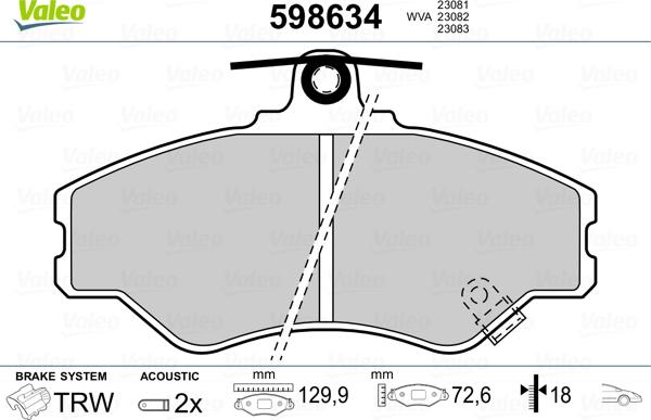 Valeo 598634 - Тормозные колодки, дисковые, комплект unicars.by