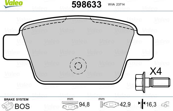 Valeo 598633 - Тормозные колодки, дисковые, комплект unicars.by