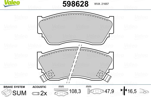 Valeo 598628 - Тормозные колодки, дисковые, комплект unicars.by