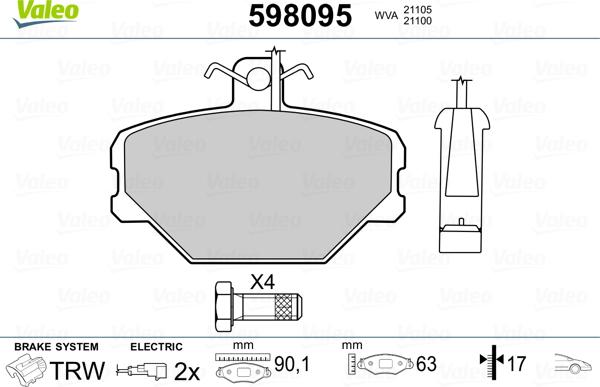 Valeo 598095 - Тормозные колодки, дисковые, комплект unicars.by