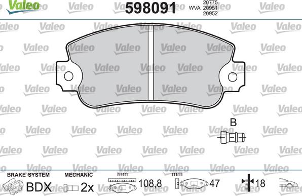 Valeo 598091 - Тормозные колодки, дисковые, комплект unicars.by