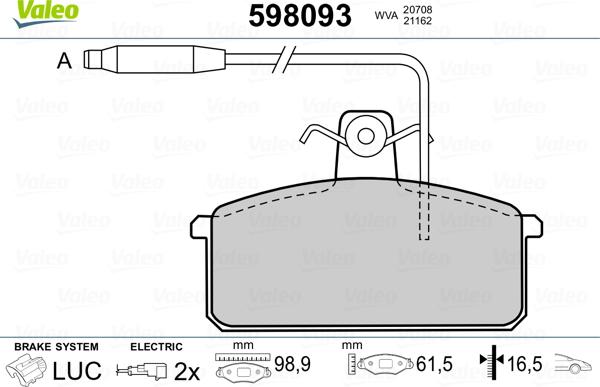 Valeo 598093 - Тормозные колодки, дисковые, комплект unicars.by