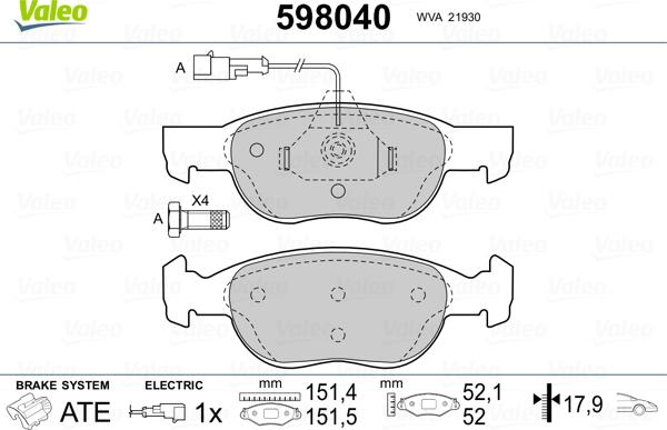 Valeo 598040 - Тормозные колодки, дисковые, комплект unicars.by