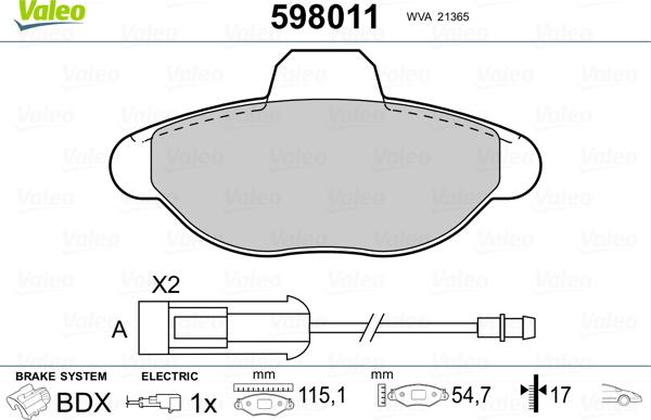 Valeo 598011 - Тормозные колодки, дисковые, комплект unicars.by