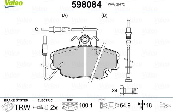 Valeo 598084 - Тормозные колодки, дисковые, комплект unicars.by