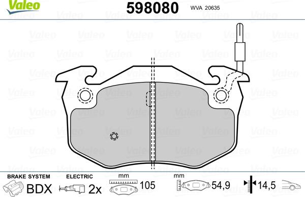 Valeo 598080 - Тормозные колодки, дисковые, комплект unicars.by