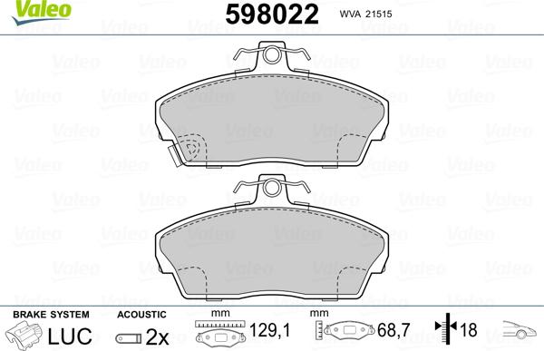 Valeo 598022 - Тормозные колодки, дисковые, комплект unicars.by