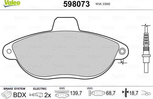 Valeo 598073 - Тормозные колодки, дисковые, комплект unicars.by