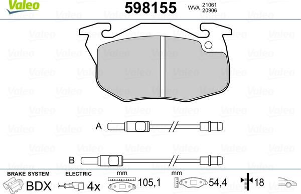 Valeo 598155 - Тормозные колодки, дисковые, комплект unicars.by