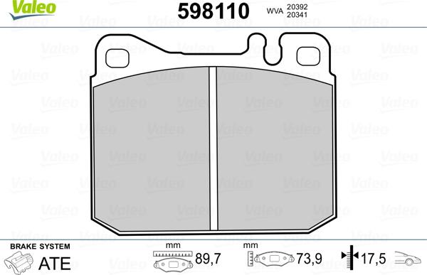 Valeo 598110 - Тормозные колодки, дисковые, комплект unicars.by