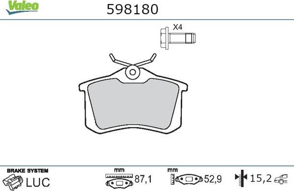 Valeo 598180 - Тормозные колодки, дисковые, комплект unicars.by