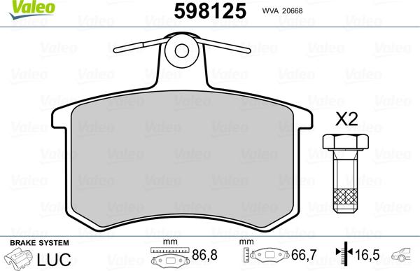 Valeo 598125 - Тормозные колодки, дисковые, комплект unicars.by