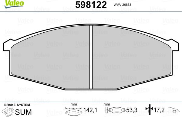 Valeo 598122 - Тормозные колодки, дисковые, комплект unicars.by