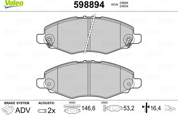 Valeo 598894 - Тормозные колодки, дисковые, комплект unicars.by