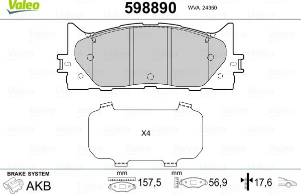 Valeo 598890 - Тормозные колодки, дисковые, комплект unicars.by