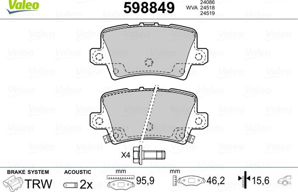 Valeo 598849 - Тормозные колодки, дисковые, комплект unicars.by