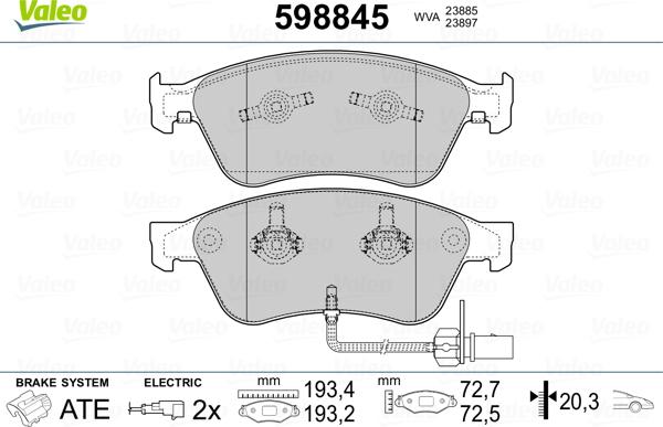 Valeo 598845 - Тормозные колодки, дисковые, комплект unicars.by