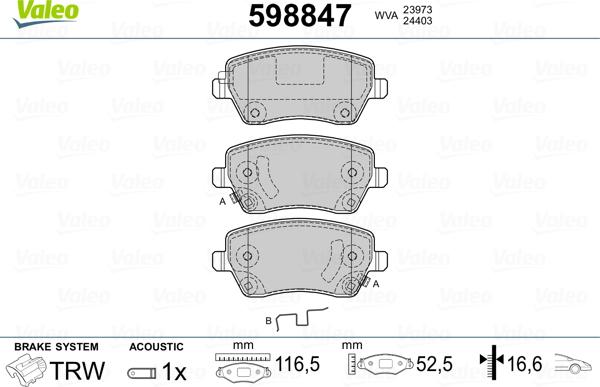 Valeo 598847 - Тормозные колодки, дисковые, комплект unicars.by