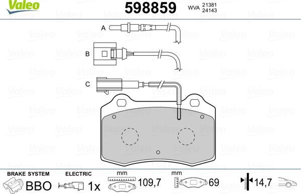 Valeo 598859 - Тормозные колодки, дисковые, комплект unicars.by