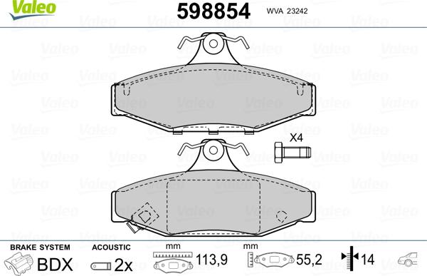 Valeo 598854 - Тормозные колодки, дисковые, комплект unicars.by