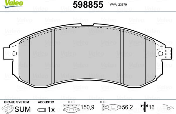 Valeo 598855 - Тормозные колодки, дисковые, комплект unicars.by