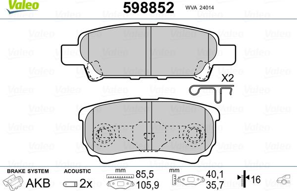 Valeo 598852 - Тормозные колодки, дисковые, комплект unicars.by