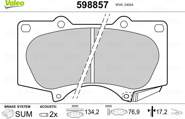 Valeo 598857 - Тормозные колодки, дисковые, комплект unicars.by