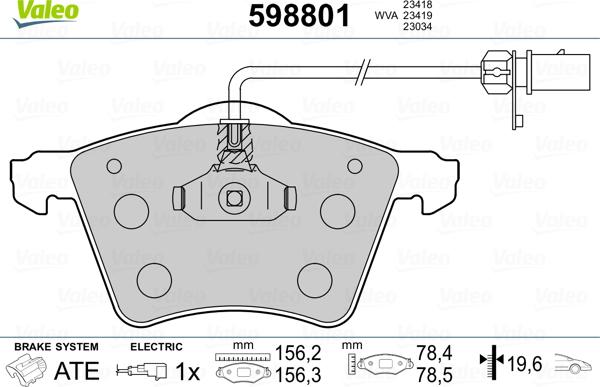 Valeo 598801 - Тормозные колодки, дисковые, комплект unicars.by