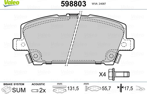 Valeo 598803 - Тормозные колодки, дисковые, комплект unicars.by