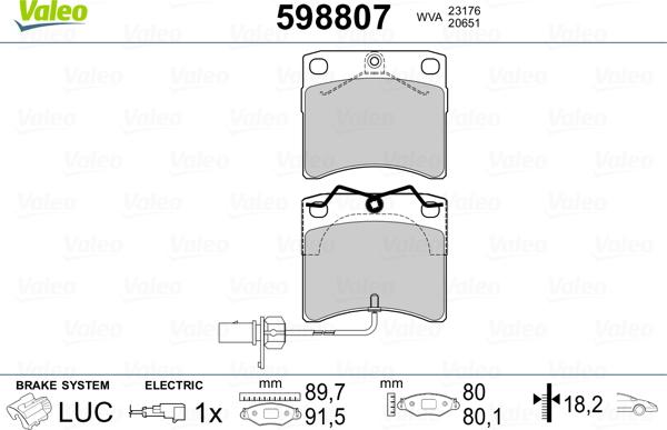 Valeo 598807 - Тормозные колодки, дисковые, комплект unicars.by