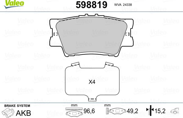 Valeo 598819 - Тормозные колодки, дисковые, комплект unicars.by