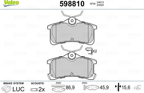 Valeo 598810 - Тормозные колодки, дисковые, комплект unicars.by