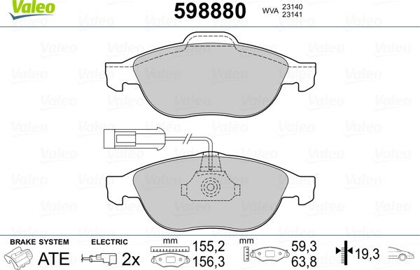 Valeo 598880 - Тормозные колодки, дисковые, комплект unicars.by