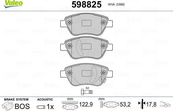 Valeo 598825 - Тормозные колодки, дисковые, комплект unicars.by