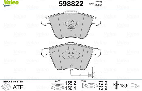 Valeo 598822 - Тормозные колодки, дисковые, комплект unicars.by