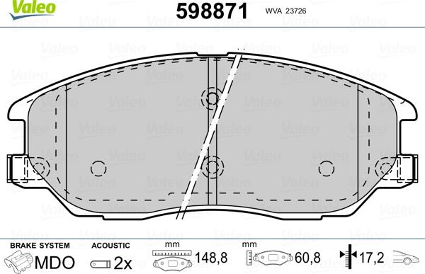 Valeo 598871 - Тормозные колодки, дисковые, комплект unicars.by