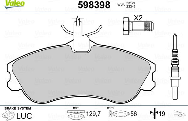 Valeo 598398 - Тормозные колодки, дисковые, комплект unicars.by