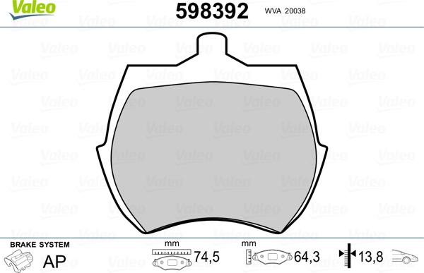 Valeo 598392 - Тормозные колодки, дисковые, комплект unicars.by