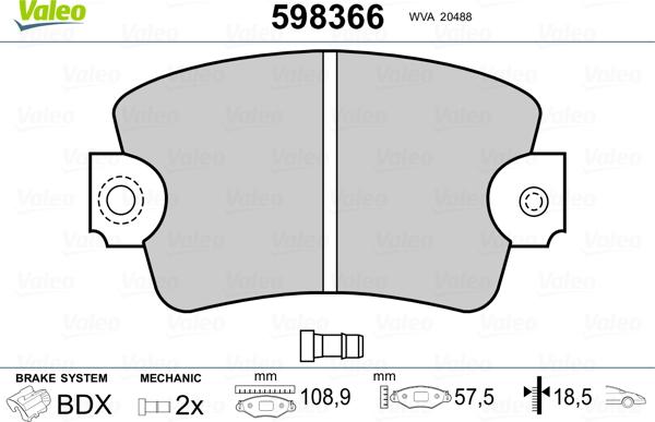 Valeo 598366 - Тормозные колодки, дисковые, комплект unicars.by