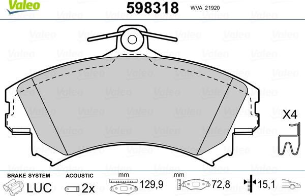 Valeo 598318 - Тормозные колодки, дисковые, комплект unicars.by