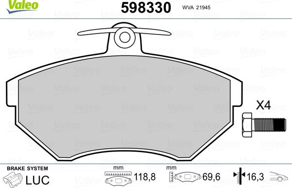 Valeo 598330 - Тормозные колодки, дисковые, комплект unicars.by