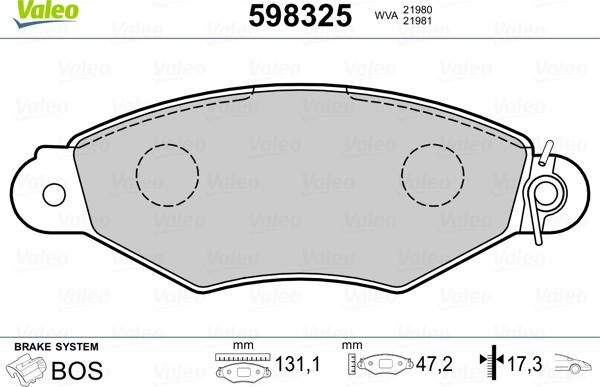 Valeo 598325 - Тормозные колодки, дисковые, комплект unicars.by