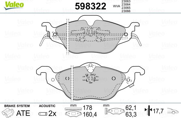 Valeo 598322 - Тормозные колодки, дисковые, комплект unicars.by