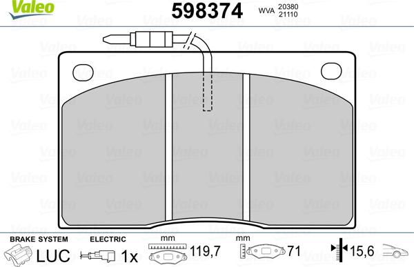 Valeo 598374 - Тормозные колодки, дисковые, комплект unicars.by