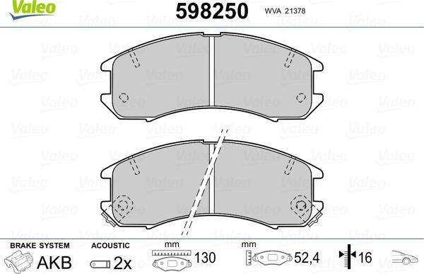 Valeo 598250 - Тормозные колодки, дисковые, комплект unicars.by