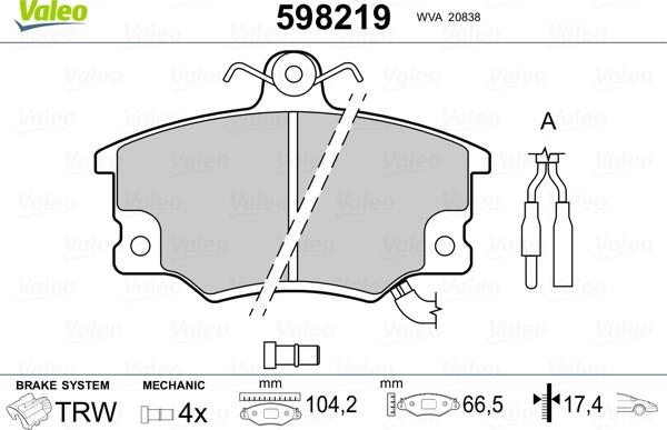 Valeo 598219 - Тормозные колодки, дисковые, комплект unicars.by