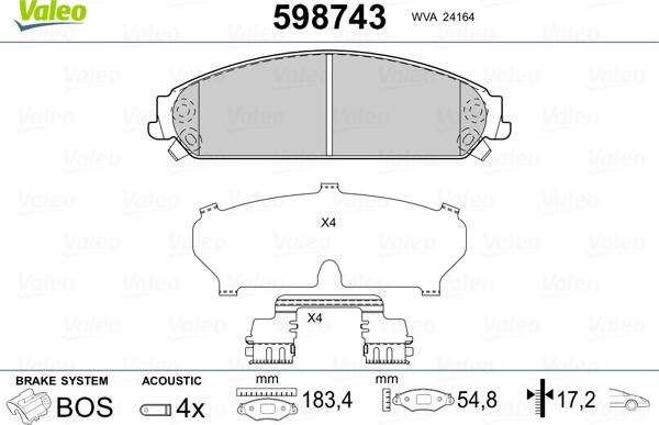 Valeo 598743 - Тормозные колодки, дисковые, комплект unicars.by