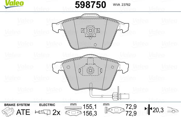 Valeo 598750 - Тормозные колодки, дисковые, комплект unicars.by