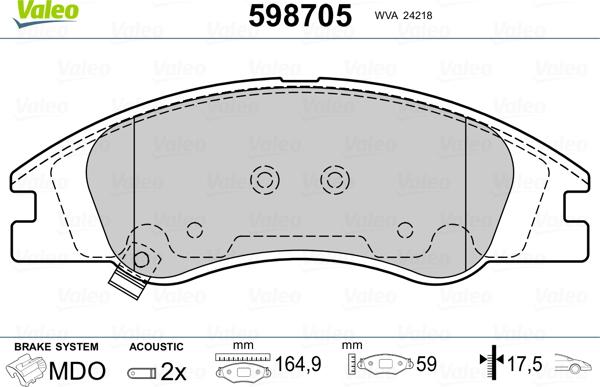 Valeo 598705 - Тормозные колодки, дисковые, комплект unicars.by