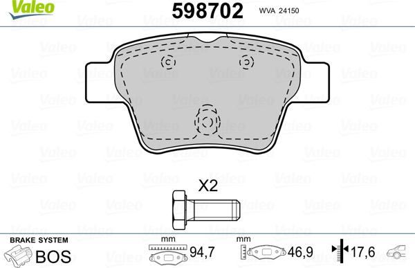 Valeo 598702 - Тормозные колодки, дисковые, комплект unicars.by